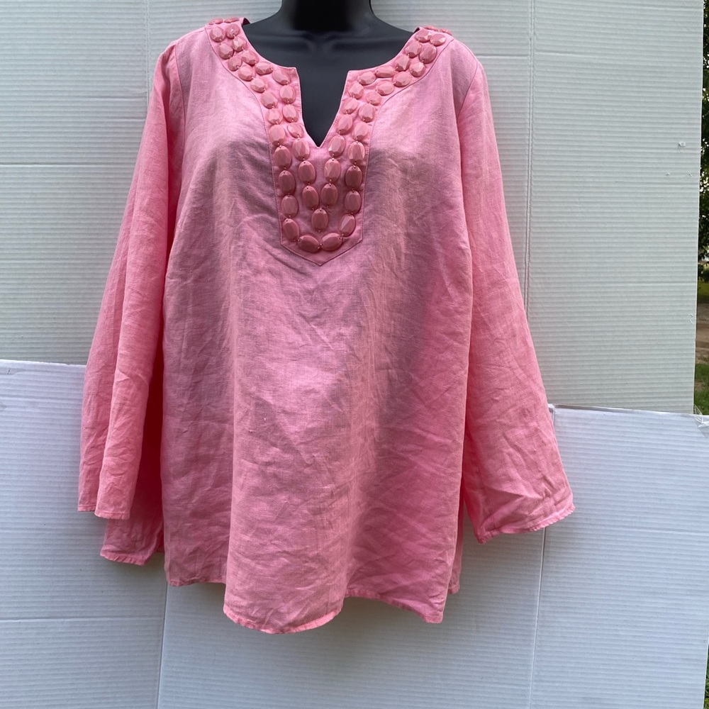 Talbots 100 linen   Talbots pink coral Pink Embellished Boxy Tunic Top